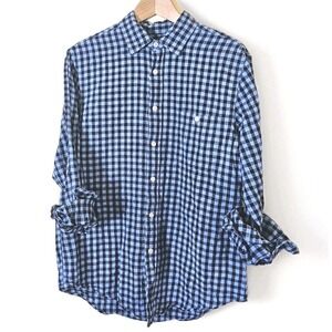 Merona M Blue & Black Gingham Linen Cotton Blend Flannel Shirt Button Down Shirt